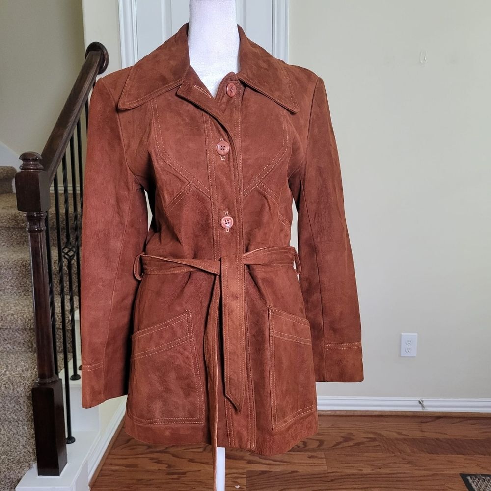 Vintage 70s Belted Suede Leather Jacket Women 10 Brown Top Stitch Western Boho